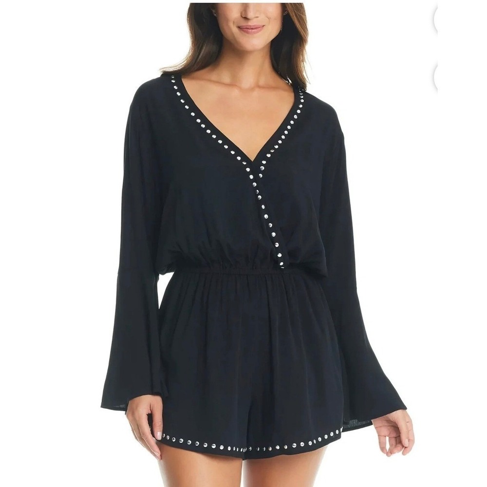Bar III Womens Black Studded Long Bell Sleeve Surplice Romper NWT Size S